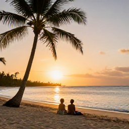 Caribbean Holidays, Jamaica Tours May, Couple relaxing on a quiet Jamaican beach at sunset, with palm trees, calm sea and warm golden light