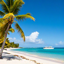 Caribbean Holidays, Jamaica Tours May, Sunny Jamaican coastline with turquoise water, palm trees and a small sightseeing boat near the shore