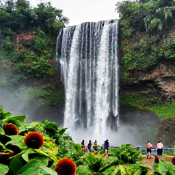 Caribbean Holidays, Jamaica Tours May, Travellers walking beside the dramatic Dunn's River Falls in Jamaica, surrounded by lush green tropical vegetation