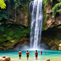 Caribbean Holidays, Jamaica Tours, Travellers exploring a lush Jamaican waterfall near Ocho Rios, with clear pools, tropical plants and a local guide