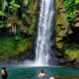 Caribbean Holidays, Jamaica Tours, Visitors swimming beneath a Jamaican waterfall surrounded by lush rainforest, rocks and tropical plants