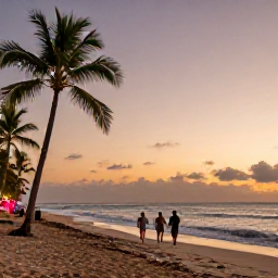 Caribbean Holidays, Jamaica Walking Holidays, A couple walking on a quiet Jamaican beach at sunset, with palm trees, gentle waves and a warm festive evening atmosphere