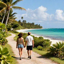 Caribbean Holidays, Jamaica Walking Holidays, A fit couple walking along a scenic Jamaican coastal path in warm November sunshine, with turquoise sea and tropical vegetation
