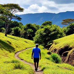 Caribbean Holidays, Jamaica Walking Holidays, A friendly hiker walking along a lush Jamaican hillside trail in warm May sunshine, with tropical vegetation and distant blue mountains