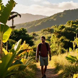 Caribbean Holidays, Jamaica Walking Holidays, A friendly hiker walking through lush Jamaican hills in warm March sunshine, with tropical foliage and distant mountains