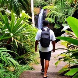 Caribbean Holidays, Jamaica Walking Holidays, A friendly local guide leading walkers through Jamaican countryside, with practical walking gear, tropical plants and a small waterfall nearby