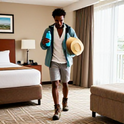 Caribbean Holidays, Jamaica Walking Holidays, A friendly traveller preparing for a Jamaican walking holiday, with walking boots, water bottle, sun hat and light waterproof jacket in a bright hotel room