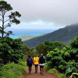 Caribbean Holidays, Jamaica Walking Holidays, A guided group hiking through the Blue Mountains of Jamaica, surrounded by misty green forest, coffee plants and panoramic views towards the coast