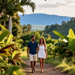 Caribbean Holidays, Jamaica Walking Holidays, A happy couple walking along a lush Jamaican mountain trail in August, with tropical foliage, distant blue hills and warm soft sunlight