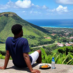 Caribbean Holidays, Jamaica Walking Holidays, A Jamaican walker resting at a viewpoint above green hills and the sea, with a small local meal and water nearby