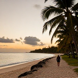 Caribbean Holidays, Jamaica Walking Holidays, A relaxed walker exploring a quiet Jamaican beach and coastal trail at sunset, with palm trees and calm Caribbean water