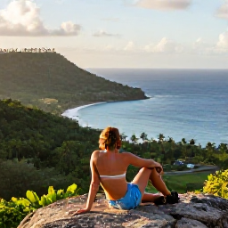 Caribbean Holidays, Jamaica Walking Holidays, A relaxed walker resting at a Jamaican viewpoint with tropical hills, blue sea and warm afternoon light