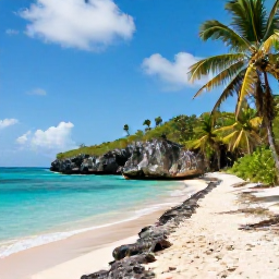 Caribbean Holidays, Jamaica Walking Holidays, A scenic Jamaican coastal walking path beside turquoise water, pale sand, palms and low limestone cliffs under a bright sky