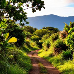 Caribbean Holidays, Jamaica Walking Holidays, A scenic Jamaican mountain trail in January, with lush green vegetation, warm sunlight and distant blue hills