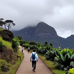 Caribbean Holidays, Jamaica Walking Holidays, A scenic walking path through the Blue Mountains of Jamaica, with coffee plants, misty peaks and hikers enjoying the view