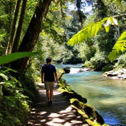Caribbean Holidays, Jamaica Walking Holidays, A walker following a shaded rainforest path beside a clear river near Ocho Rios, Jamaica
