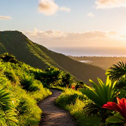 Caribbean Holidays, Jamaica Walking Holidays, A warm July morning on a Jamaican mountain trail, with lush green hills, tropical plants and distant Caribbean views
