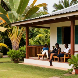 Caribbean Holidays, Jamaica Walking Holidays, A welcoming Jamaican guesthouse with hikers relaxing on a veranda after a day's walk, surrounded by tropical gardens