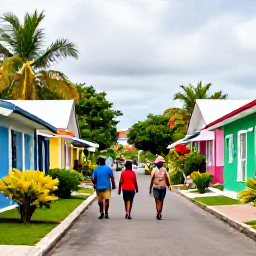 Caribbean Holidays, Jamaica Walking Holidays, Friendly Jamaican village street with walkers meeting local residents, colourful houses, tropical gardens and festive decorations