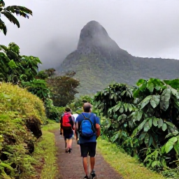 Caribbean Holidays, Jamaica Walking Holidays, Hikers following a forest trail in the Blue Mountains of Jamaica, surrounded by misty peaks, coffee plants and lush tropical woodland