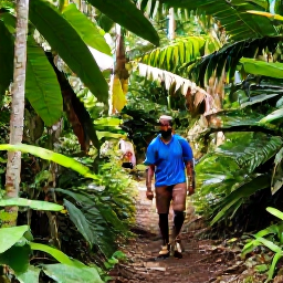 Caribbean Holidays, Jamaica Walking Holidays, Hikers on a shaded forest path in the Blue Mountains of Jamaica, surrounded by tropical plants and coffee trees
