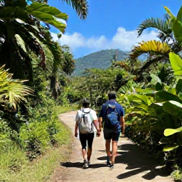 Caribbean Holidays, Jamaica Walking Holidays, Hikers walking along a lush Jamaican mountain trail in warm December sunshine, with tropical plants and distant blue hills