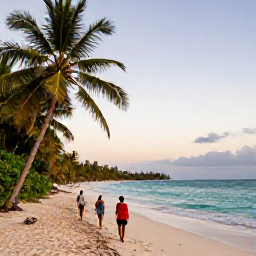 Caribbean Holidays, Jamaica Walking Holidays, Hikers walking along a quiet Jamaican coastline near Negril, with turquoise sea, palms and a warm late-afternoon sky