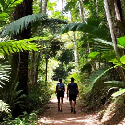 Caribbean Holidays, Jamaica Walking Holidays, Hikers walking beneath tropical trees on a peaceful trail in Jamaica's Blue and John Crow Mountains