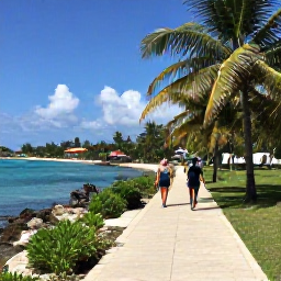 Caribbean Holidays, Jamaica Walking Holidays, Jamaican coastal footpath with walkers, turquoise water, palm trees and a relaxed seaside village in March sunshine