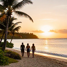 Caribbean Holidays, Jamaica Walking Holidays, Relaxed walkers enjoying a Jamaican beach at sunset after a day on the trails, with calm sea and warm golden light