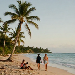 Caribbean Holidays, Jamaica Walking Holidays, Relaxed walkers resting at a Jamaican beach after a day of exploring, with palm trees and warm evening light