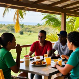 Caribbean Holidays, Jamaica Walking Holidays, Travellers relaxing at a Jamaican cafe after a day's walk, with local food, tropical scenery and a welcoming atmosphere