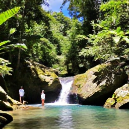 Caribbean Holidays, Jamaica Walking Holidays, Visitors walking beside a clear river and waterfall in the Jamaican rainforest, with tropical plants and sunlit rocks