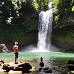 Caribbean Holidays, Jamaica Walking Holidays, Visitors walking beside a Jamaican waterfall in a tropical forest, with clear pools, rocks, palms and dappled sunlight