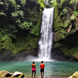 Caribbean Holidays, Jamaica Walking Holidays, Visitors walking beside a waterfall and through lush rainforest in Jamaica's interior, with clear pools and tropical vegetation
