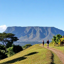 Caribbean Holidays, Jamaica Walking Holidays, Walkers crossing a scenic Jamaican hillside above the Blue Mountains, with distant views, tropical plants and a clear June sky