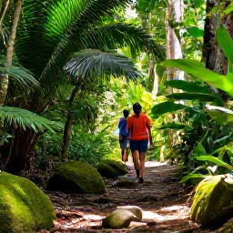 Caribbean Holidays, Jamaica Walking Holidays, Walkers exploring a shaded rainforest path in Jamaica, with tropical plants, mossy rocks and filtered January sunshine