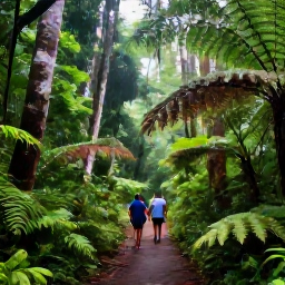 Caribbean Holidays, Jamaica Walking Holidays, Walkers exploring a shaded rainforest trail in Jamaica, with ferns, tall trees and filtered sunlight after a light tropical shower