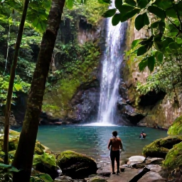 Caribbean Holidays, Jamaica Walking Holidays, Walkers exploring a shaded rainforest trail near waterfalls in Jamaica, with clear pools and tropical greenery
