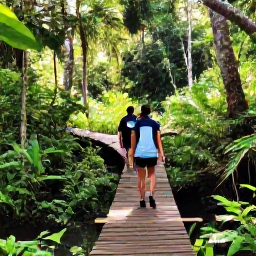 Caribbean Holidays, Jamaica Walking Holidays, Walkers exploring a tropical Jamaican waterfall trail with wooden bridges, bright green vegetation and sunlight through the trees