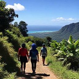 Caribbean Holidays, Jamaica Walking Holidays, Walkers following a verdant trail through Jamaica&rsquo;s Blue Mountains in warm April sunshine, with distant sea views