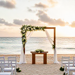 Caribbean Holidays, Jamaica Weddings August, Elegant outdoor wedding ceremony beside a Jamaican beach at sunset, decorated with simple white flowers