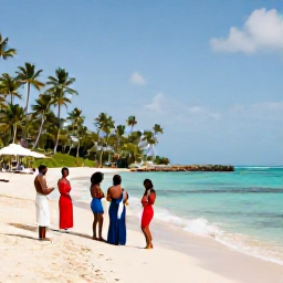 Caribbean Holidays, Jamaica Weddings August, Happy wedding guests exploring a Jamaican resort beach and enjoying clear water, palm trees and relaxed island activities