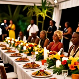 Caribbean Holidays, Jamaica Weddings August, Jamaican wedding reception with tropical flowers, candlelit tables, colourful food and guests enjoying live music