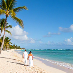 Caribbean Holidays, Jamaica Weddings August, Newly married couple walking along a sunny Jamaican beach with palm trees and calm turquoise sea