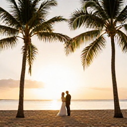 Caribbean Holidays, Jamaica Weddings, Bride and groom standing on a quiet Jamaican beach at sunset, with palm trees, warm light and the Caribbean Sea behind them