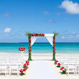 Caribbean Holidays, Jamaica Weddings, Elegant outdoor wedding ceremony at a Jamaican beach resort, with white chairs, tropical flowers and a view of turquoise water