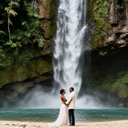 Caribbean Holidays, Jamaica Weddings, Happy newlywed couple exploring a Jamaican waterfall and tropical forest after their beach wedding