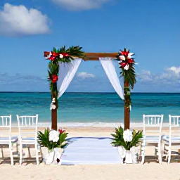 Caribbean Holidays, Jamaica Weddings July, A Jamaican wedding venue beside a bright sandy beach, decorated with white chairs, tropical flowers and elegant summer details
