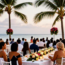 Caribbean Holidays, Jamaica Weddings July, A joyful Jamaican wedding reception at sunset, with guests dining outdoors, soft lights, tropical flowers and the sea in the distance
